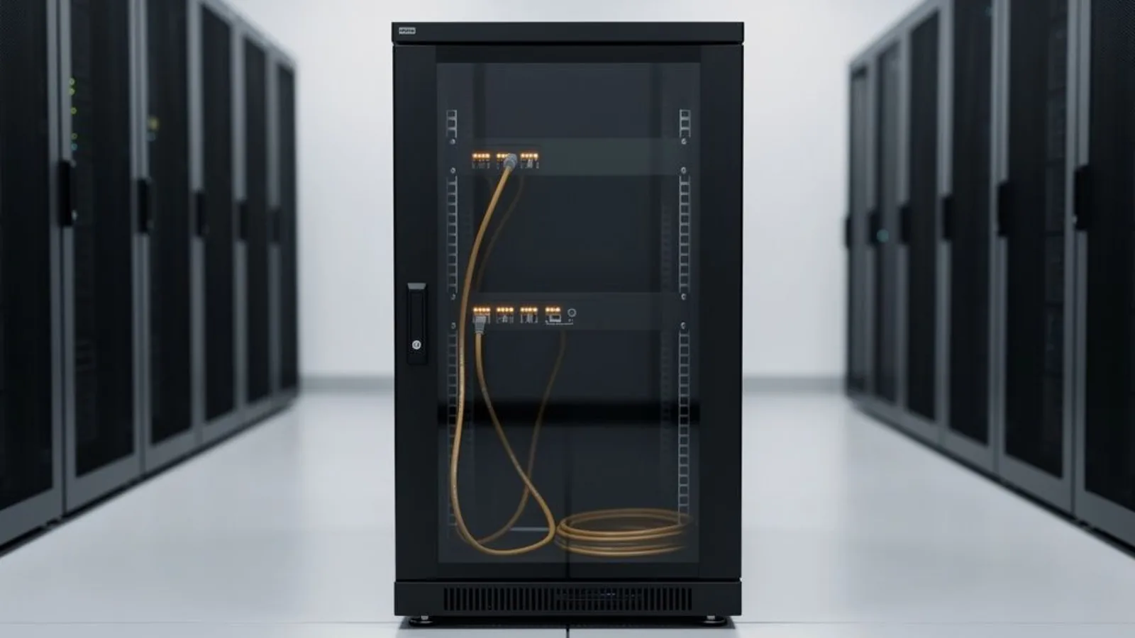 A locked network cabinet with amber status lights in a quiet corporate server room — the customer-controlled infrastructure behind Anthropic's Enterprise Frontier Safeguards zero-retention promise for Fable 5.1. Illustration: DeAI