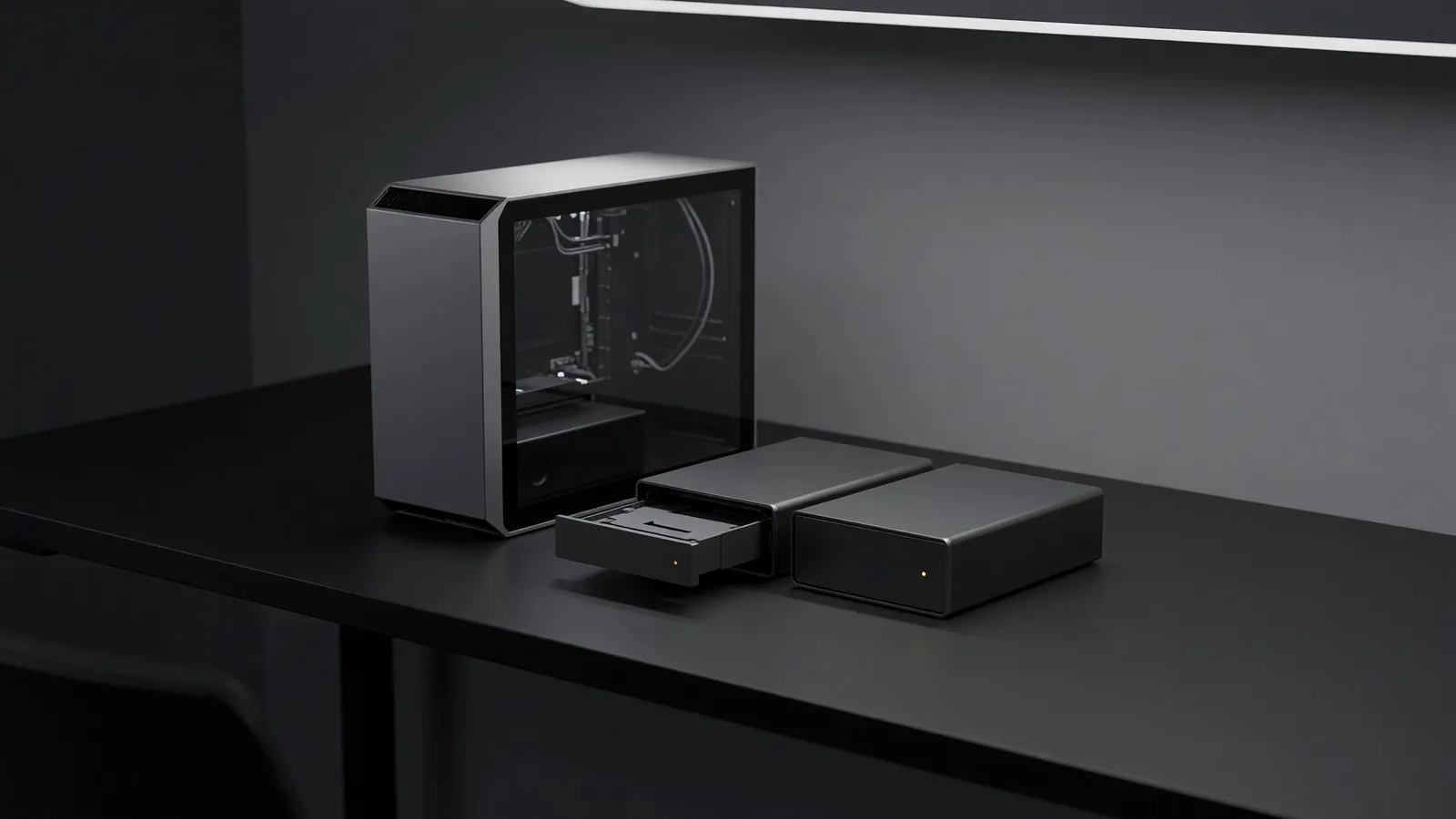 A single desktop workstation with two storage drives on its desk in a dim office, one drive tray pulled half out, standing in for the relayed user-conversation data at the center of Anthropic's GTG-16008 distillation allegation against Xiaomi. Illustration: DeAI