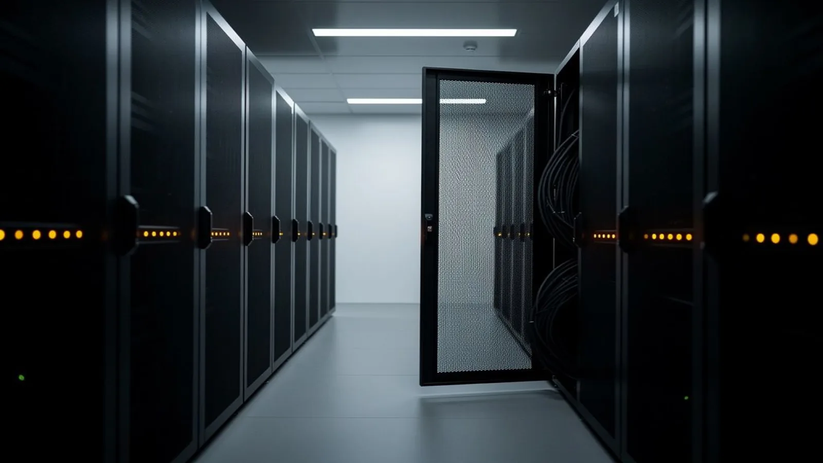 A dim datacenter aisle of GPU server racks with one row of amber status LEDs, the serving fleet behind DeepSeek retiring V4-Flash into a silent checkpoint swap. Illustration: DeAI