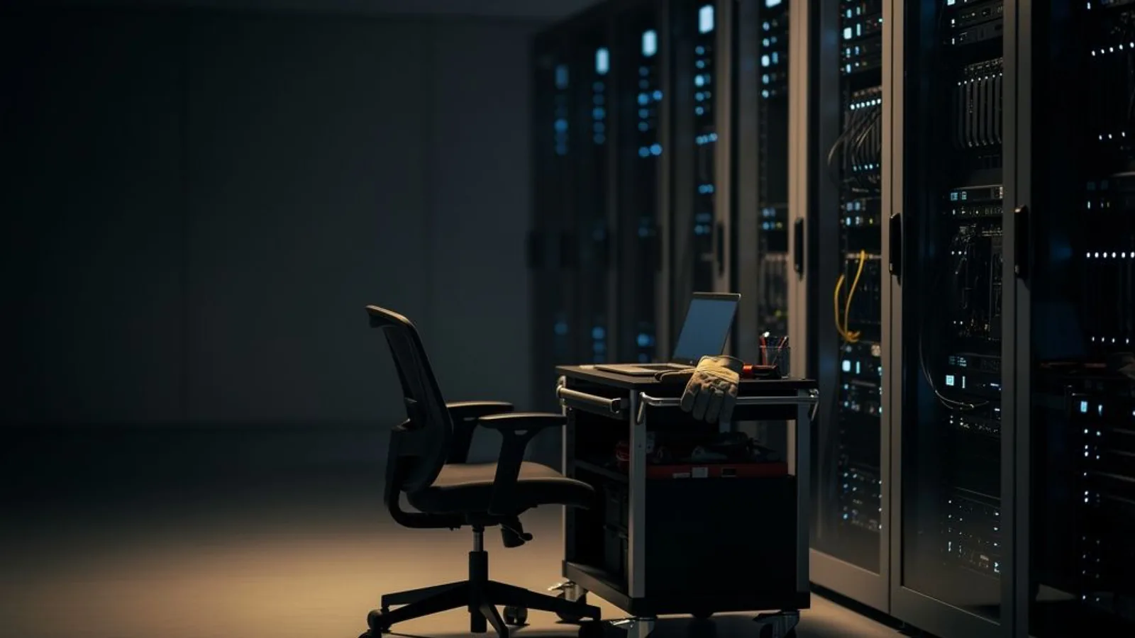 A dim datacenter aisle of GPU server racks with one amber work light over an empty crash-cart chair — the frontier-lab infrastructure behind Dario Amodei's call to pace AI development. Illustration: DeAI