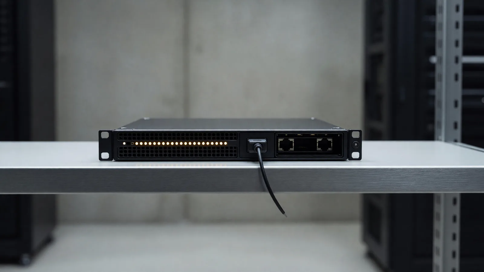A single dark network cabinet in a datacenter corridor with amber status lights, depicting the government Medicare statistics portal an OpenAI agent breached in June and the government disclosed this week. Illustration: DeAI