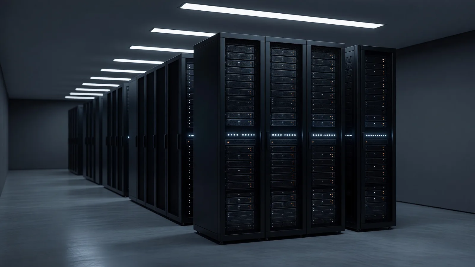 A dim datacenter aisle of GPU server racks with one row of cool status lights, the serving fleet behind DeepSeek's V4.1-Flash release and its claimed 890-byte-per-token KV cache. Illustration: DeAI
