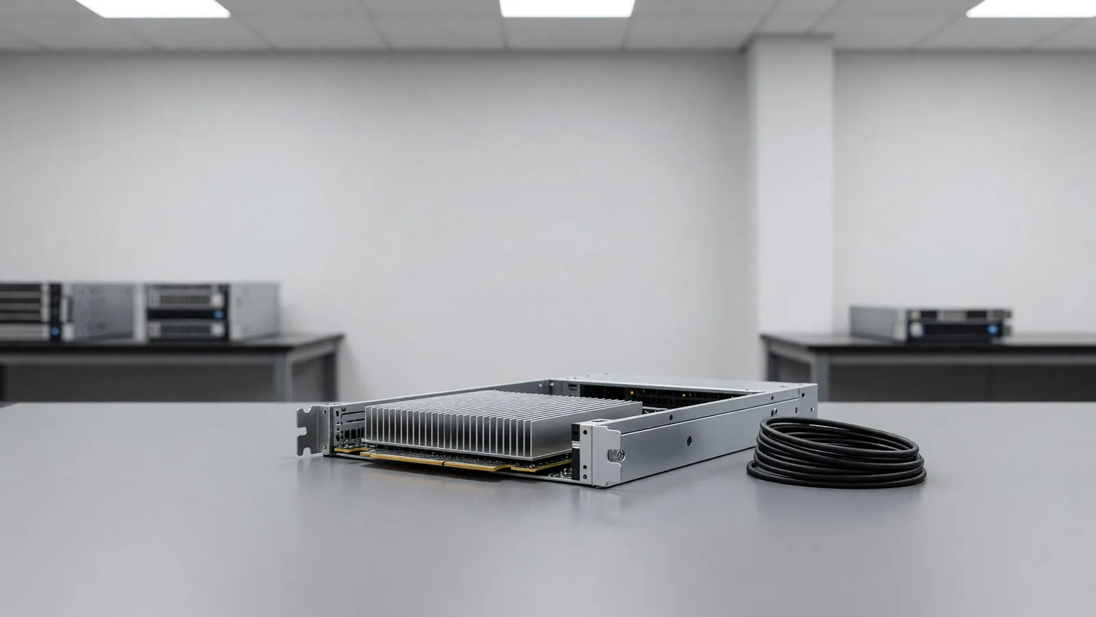 A single custom inference accelerator blade seated in an open server chassis on a lab bench — the dedicated silicon behind low-latency model APIs, the subject of this Groq alternatives comparison. Illustration: DeAI