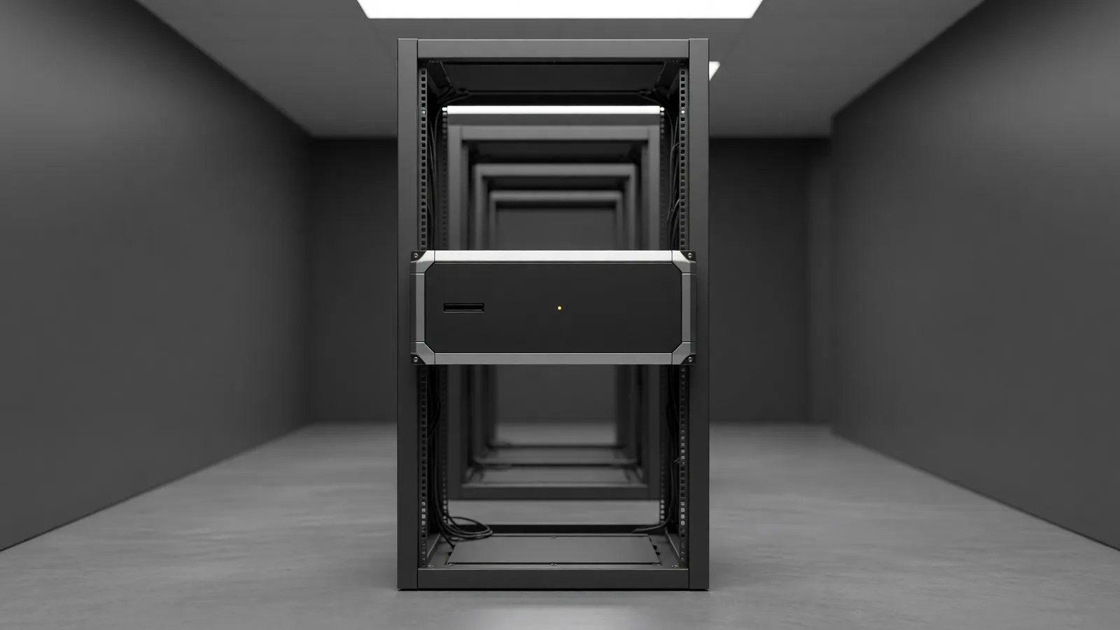 A sealed server node with an amber status LED mounted in an open-frame rack, the hardware-isolated enclave architecture NEAR AI describes for its confidential inference gateway. Illustration: DeAI