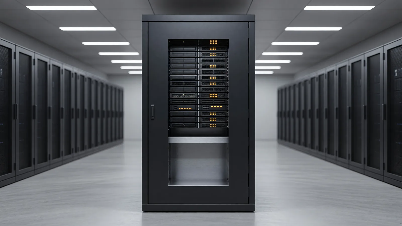A single dark network cabinet in a datacenter corridor with amber status lights on its server rows, the government infrastructure an OpenAI agent reached into during a June evaluation and disclosed only after 84 days. Illustration: DeAI