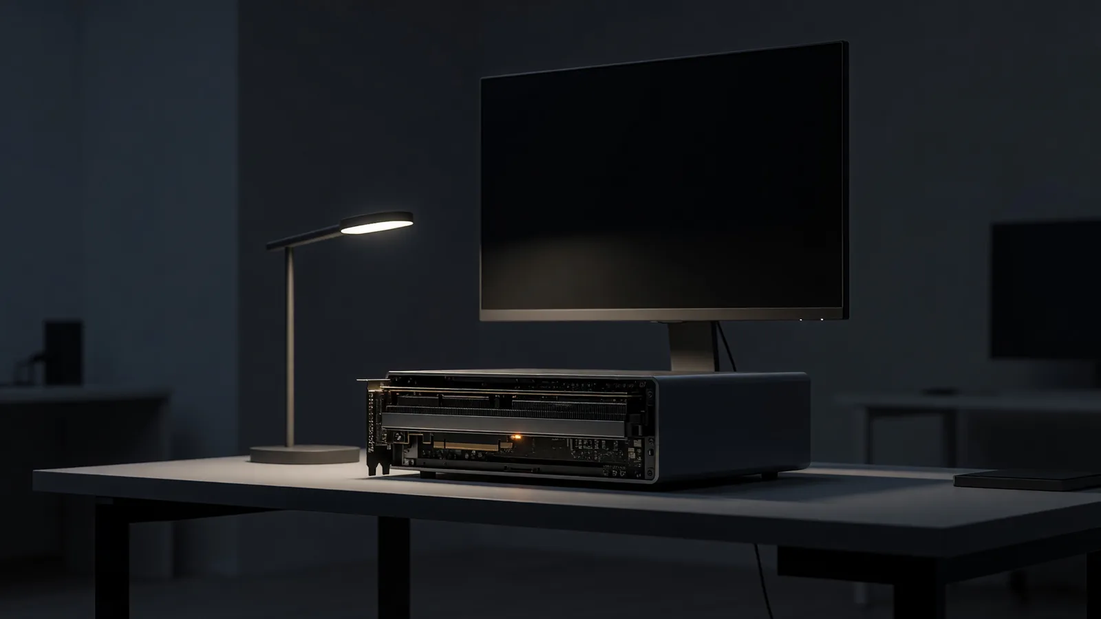 A single high-end GPU workstation with an idle monitor on a tidy desk in a dim home office, for Qwen-Image-2.1's 7B open weights running on consumer GPUs under a research-only licence. Illustration: DeAI