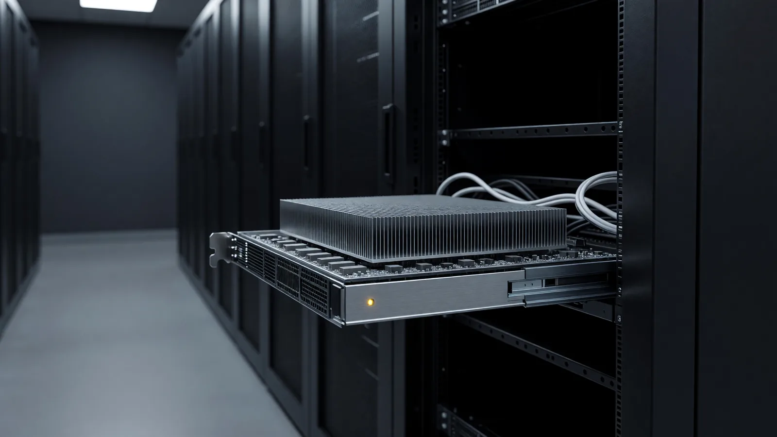 A GPU server tray with dense heatsinks slid partially out of a rack in a dim colocation aisle, one amber status LED lit — the Intel TDX and NVIDIA TEE hardware enclave class NEAR AI Cloud uses to serve open models with per-message cryptographic signatures. Illustration: DeAI