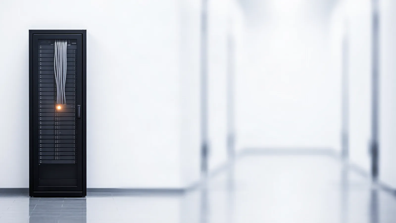 A single rack server in a dim European datacenter aisle, one amber status LED lit among rows of unlit white indicators, for Aleph Alpha's Kolibri-1, a 78B open-weight English-German model released under Apache 2.0 and sized to run on two H100s or one H200 in a customer's own machine room. Illustration: DeAI