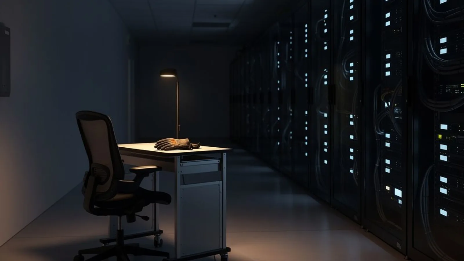 A dim datacenter aisle of GPU server racks with one amber work light over an empty crash-cart chair — the frontier-lab infrastructure Dario Amodei says the industry should slow down to secure. Illustration: DeAI