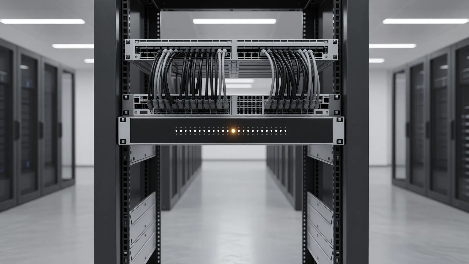 A single rack server in a quiet datacenter aisle with one amber status LED lit among unlit white indicators, for Anthropic's Frontier Red Team report that Z.ai's open-weight GLM-5.3 can build working exploits and its safeguards fail under simple bypass techniques. Illustration: DeAI