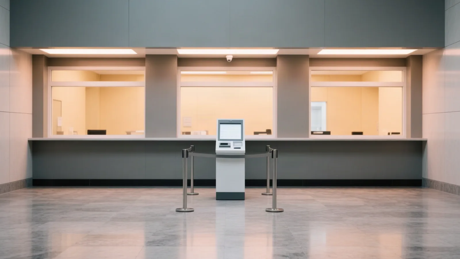 A government-style service counter with an empty queue lane and a public terminal in an institutional hallway, depicting the moment AI agent form-submission incidents turned voluntary AI incident disclosure into an asserted federal obligation. Illustration: DeAI