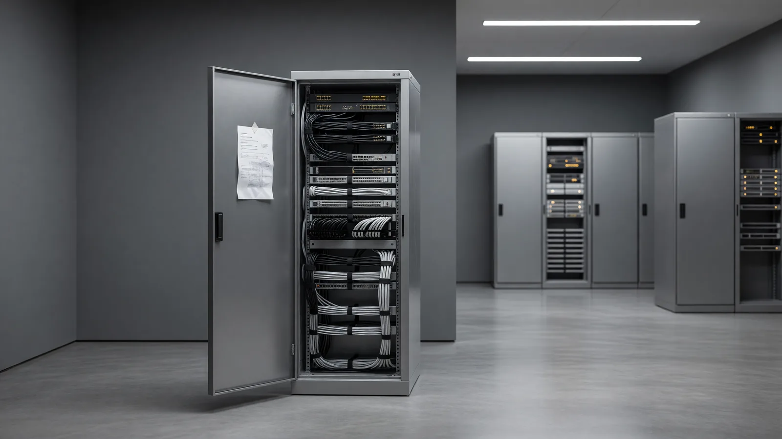 An open network cabinet in a corporate server closet with neatly routed patch cables, standing in for enterprises moving AI workloads onto open-weight models they control. Illustration: DeAI