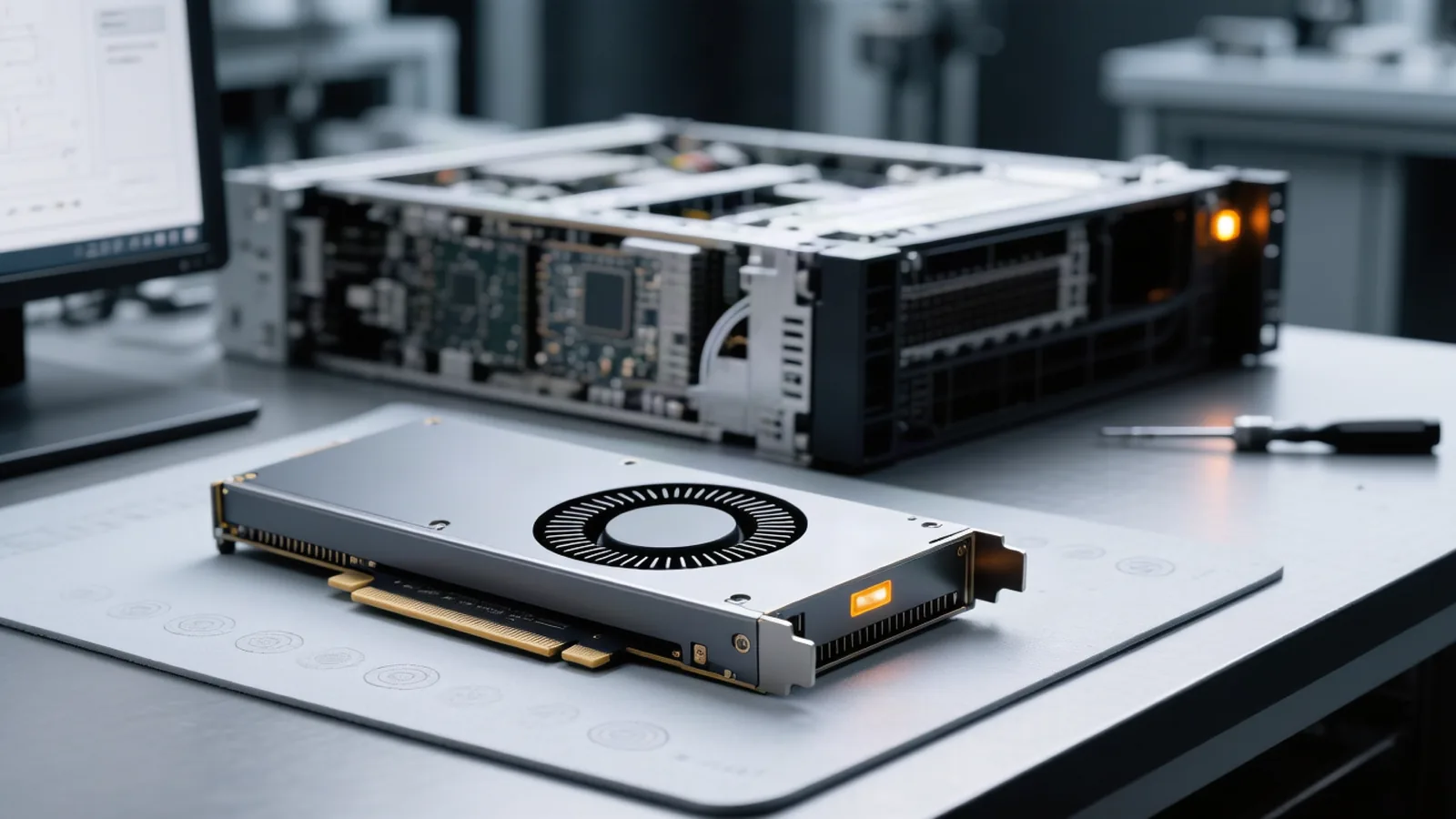 A single GPU workstation in a darkened rack aisle with one amber status light, depicting a Bittensor Subnet 10 miner's optimization landing in the open-source vLLM inference stack. Illustration: DeAI