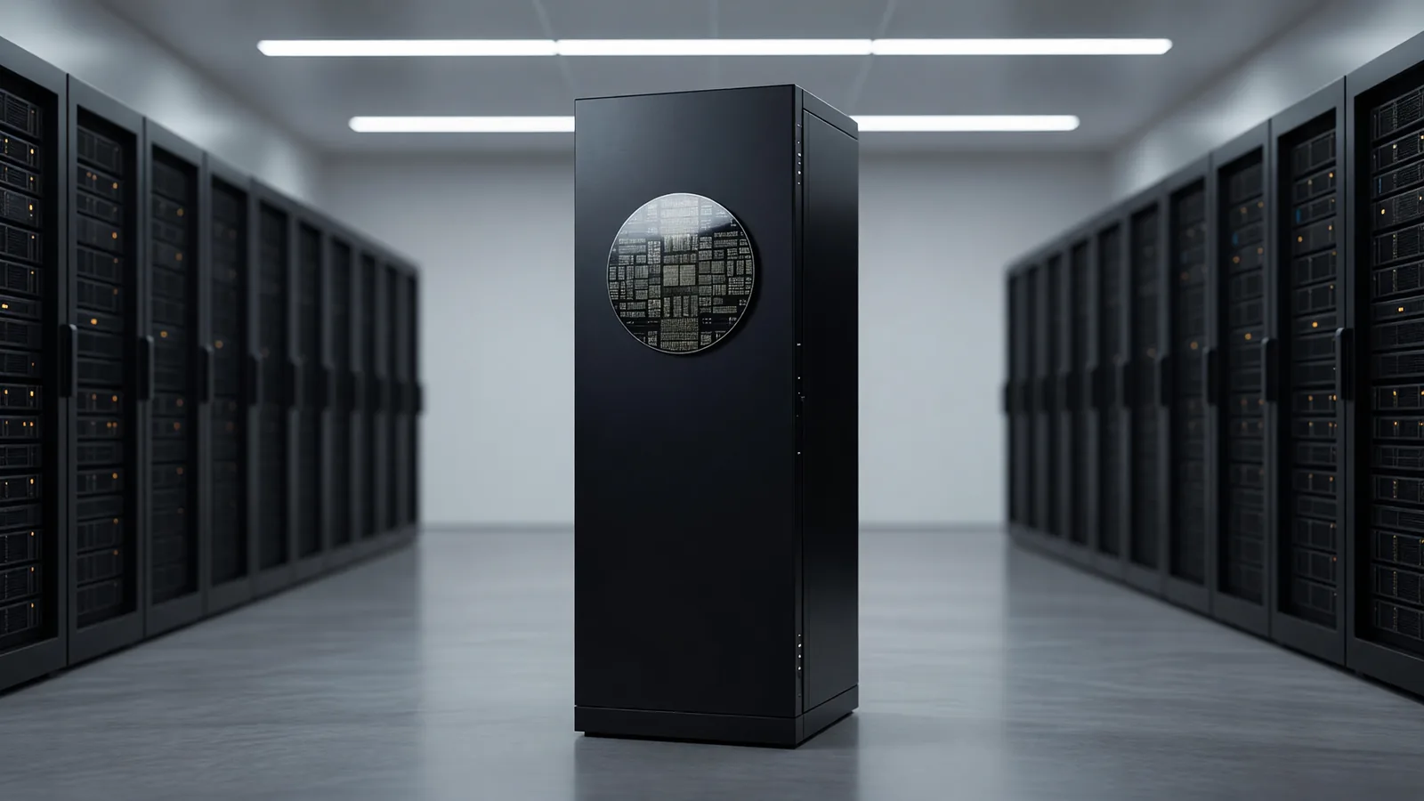 A tall wafer-scale AI appliance — a slender black data-center cabinet with a large polished silicon wafer mounted on its front face — standing alone in a cool server corridor lit by amber status indicators: the custom hardware behind Cerebras's fast inference endpoints. Illustration: DeAI