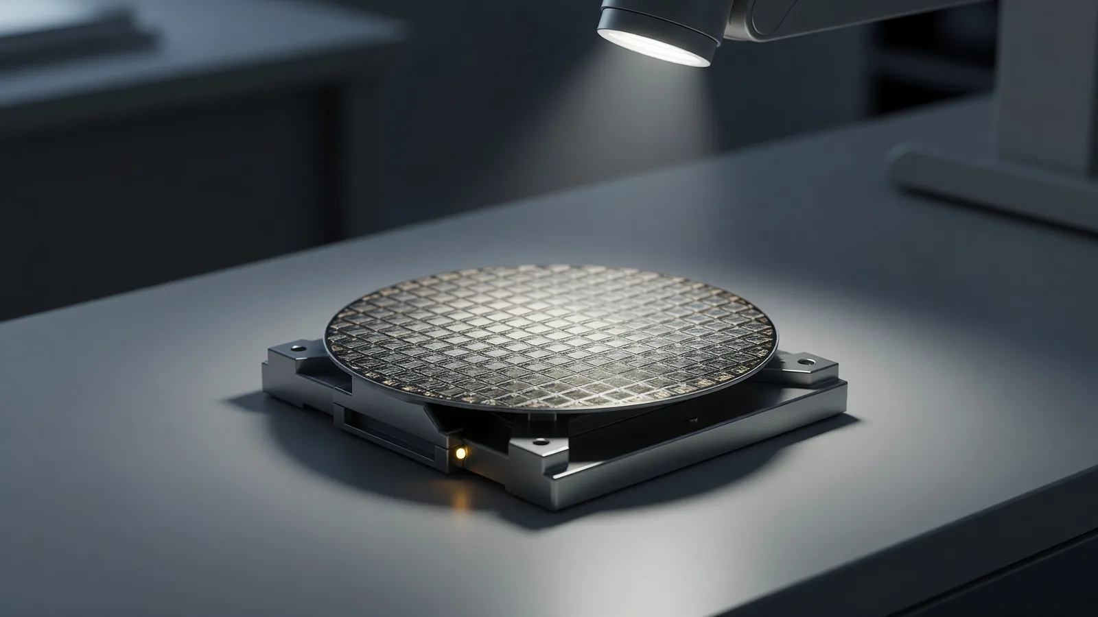 A single wafer-scale engine die — one enormous silicon wafer of densely packed compute cores — seated in a lab fixture under cool light: the architecture behind the fastest inference endpoints compared in this Cerebras vs Groq comparison. Illustration: DeAI