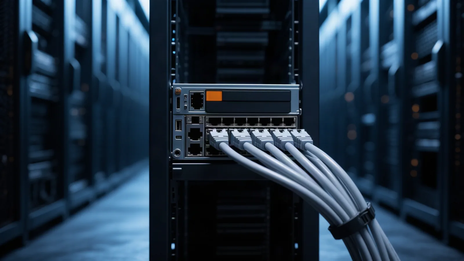 A single rack-mounted server node with a neat bundle of network cables in a dim colocation aisle, depicting community-contributed GPU nodes serving private inference. Illustration: DeAI