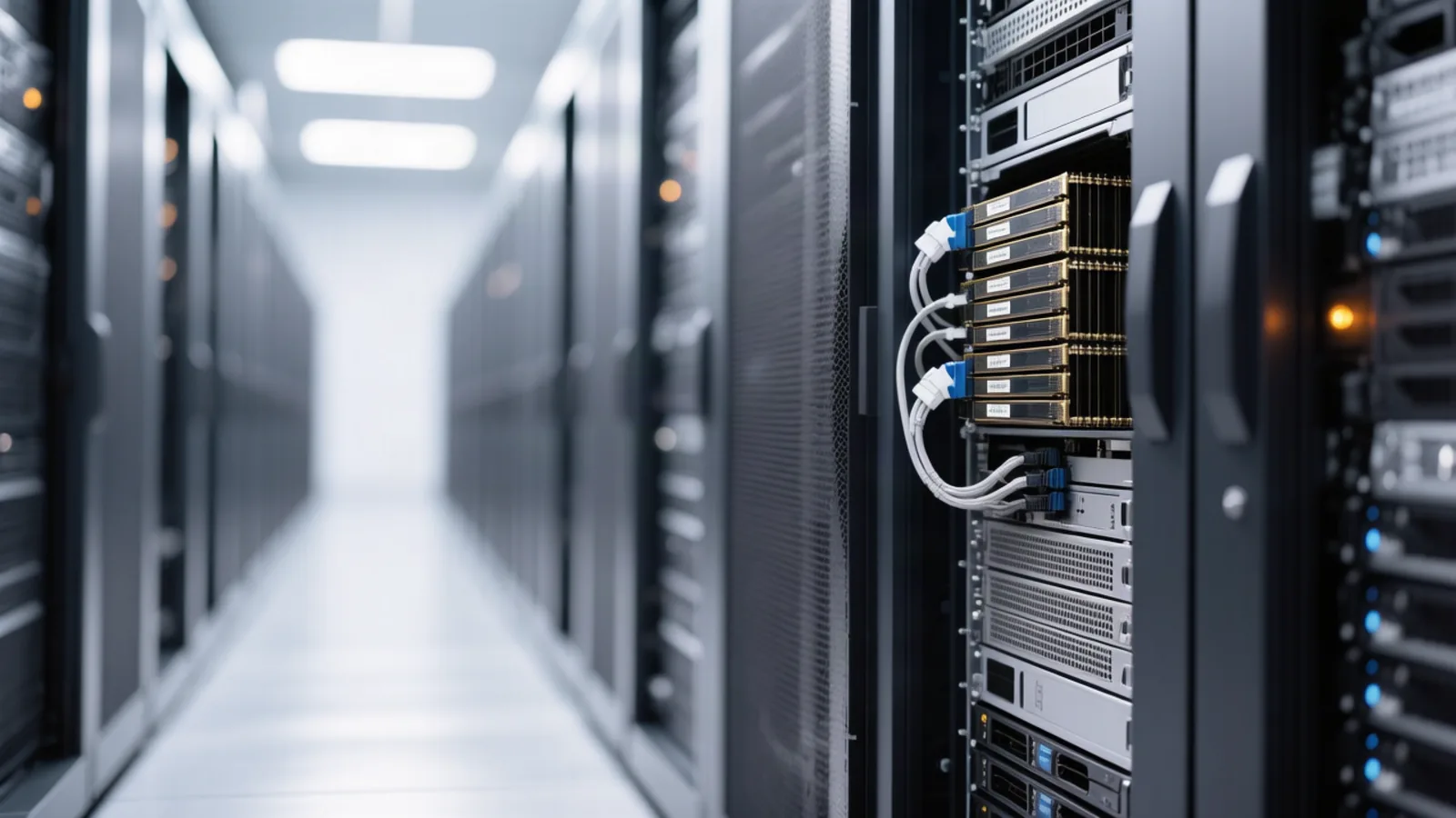 A GPU server rack in a dim datacenter corridor with its side panel removed, exposing memory modules and one amber status light — the shared KV-cache memory pool where Cloudflare's cross-tenant GLM-5.3 leak happened. Illustration: DeAI