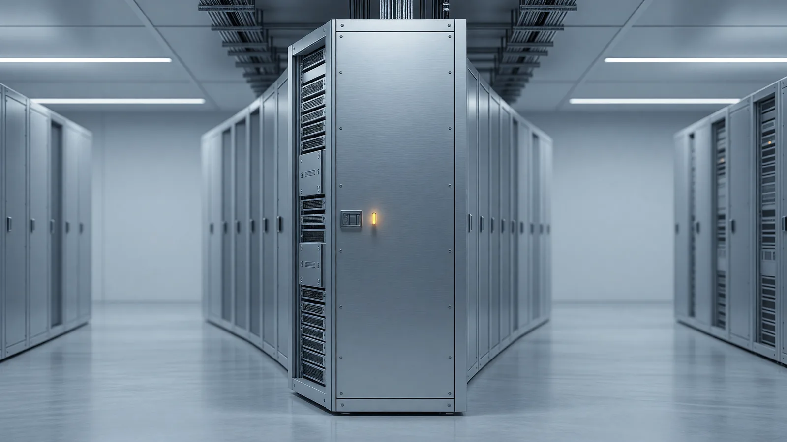 A server rack with hardware security modules in a colocation hall aisle, the encrypted enclaves behind Cohere adding confidential computing to Model Vault. Illustration: DeAI