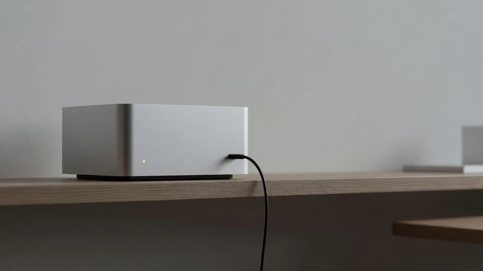 A compact aluminum desktop computer with a single amber status light sits on a shelf in a dim home office, depicting Underdog, the personal AI assistant from Conway Research that runs entirely on the owner's own Apple-silicon hardware instead of a cloud server. Illustration: DeAI