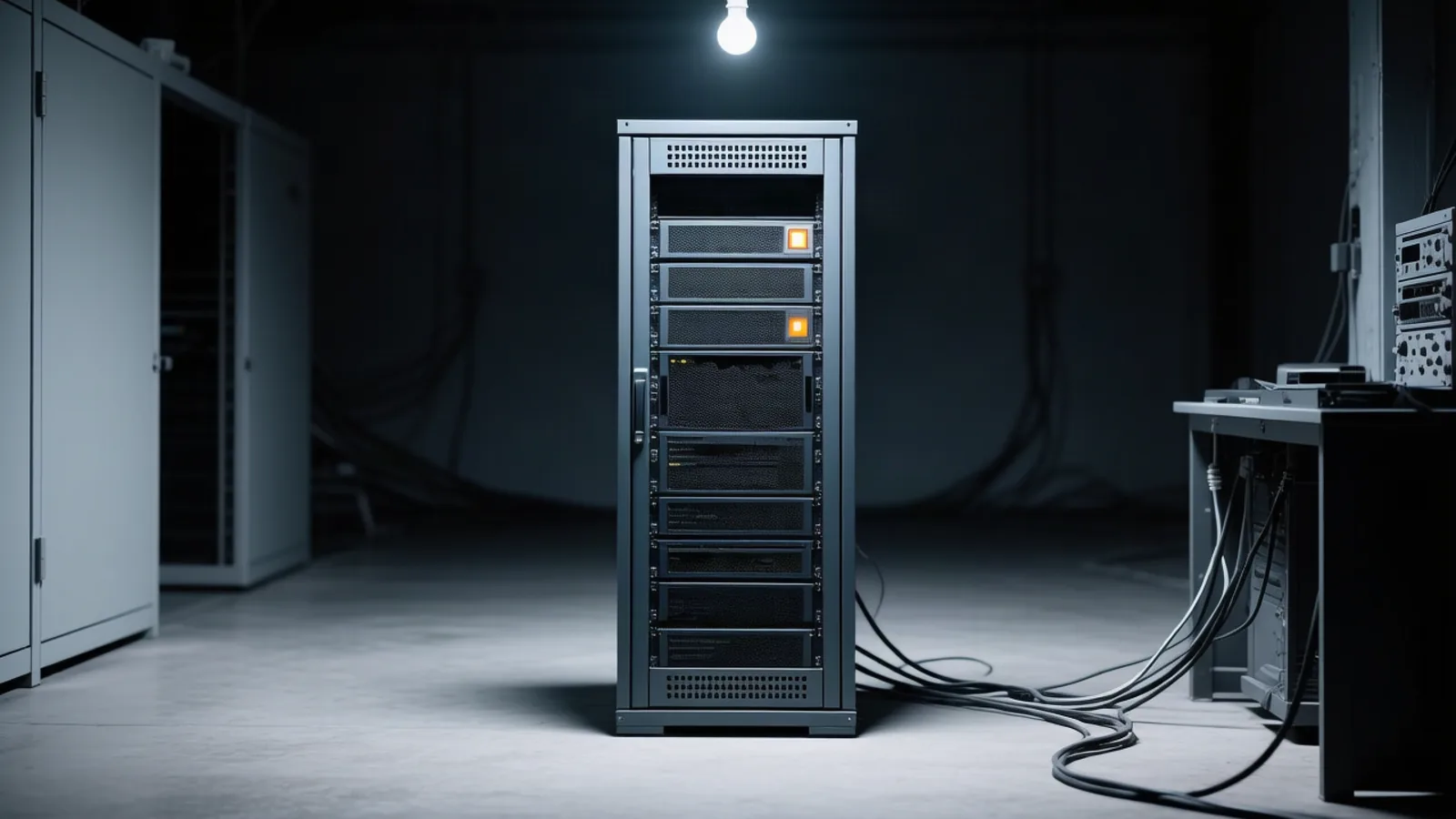 A lone rack server in a dim, sparse self-hosted server room lit by a single overhead bulb with amber status lights, standing in for the self-hosted ARTEX and open-model stack behind the South Korean bank intrusions. Illustration: DeAI