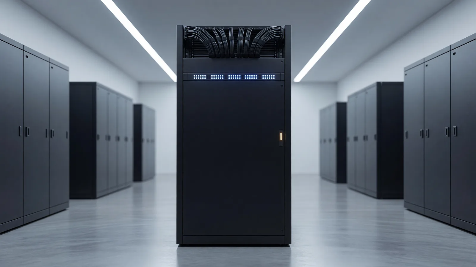 A single GPU server rack in a datacenter corridor, the training-and-inference infrastructure behind Mistral's €3 billion raise for sovereign open-weight AI. Illustration: DeAI