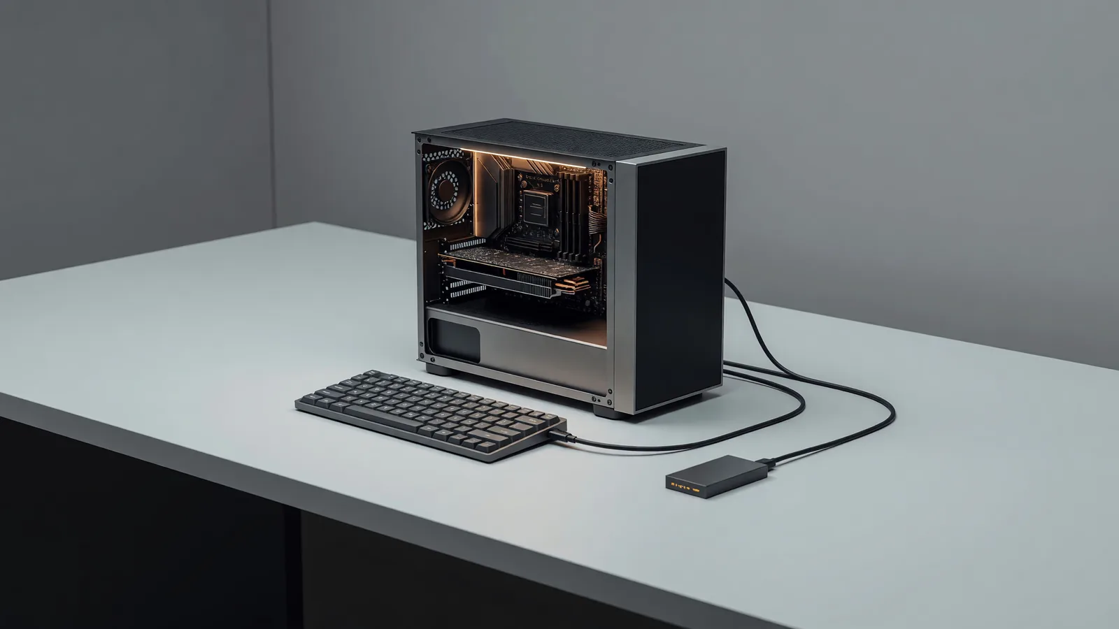 A compact workstation running a small open-weight model locally, the self-hostable end of the Institute of Foundation Models' K2 Horizon release that tops out at 375B parameters. Illustration: DeAI
