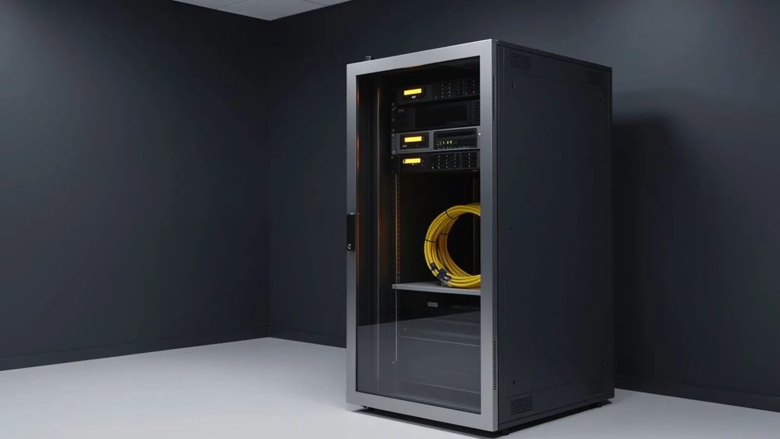 A locked network cabinet with amber status lights in a quiet corporate server room — the customer-controlled infrastructure behind Anthropic's Enterprise Frontier Safeguards launch with Fable 5.1. Illustration: DeAI