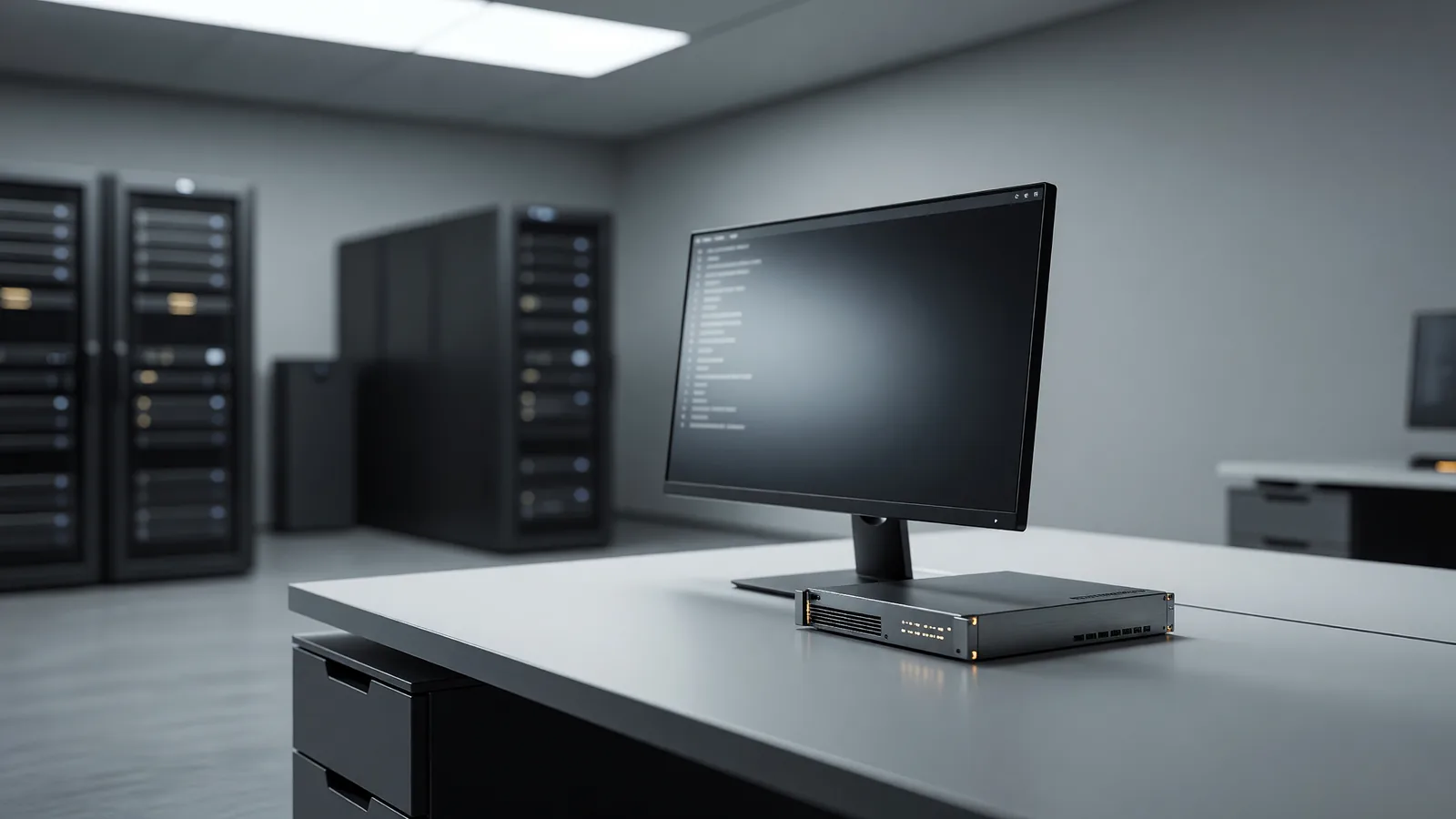 A machine-learning workstation beside a rackmount GPU server node in a secure law-firm data room, the kind of in-house setup Latham & Watkins is using to fine-tune open-weight models on its own legal data. Illustration: DeAI
