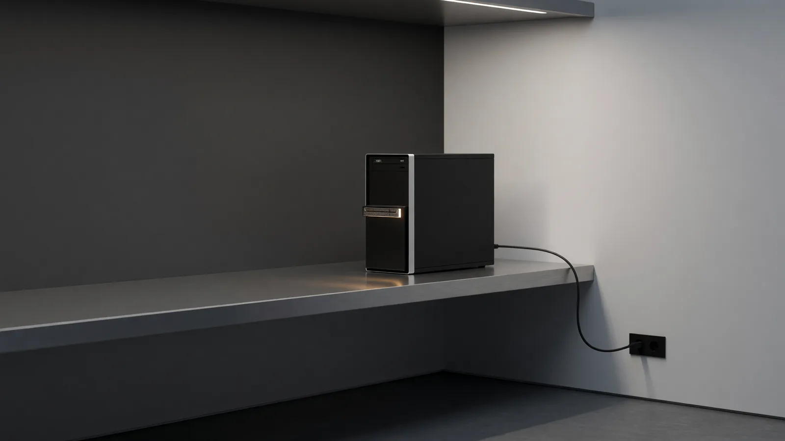 A lone tower server glowing softly on a steel shelf in a quiet server corner, the self-hosted hardware behind today's lead story on 152,137 exposed Ollama endpoints. Illustration: DeAI