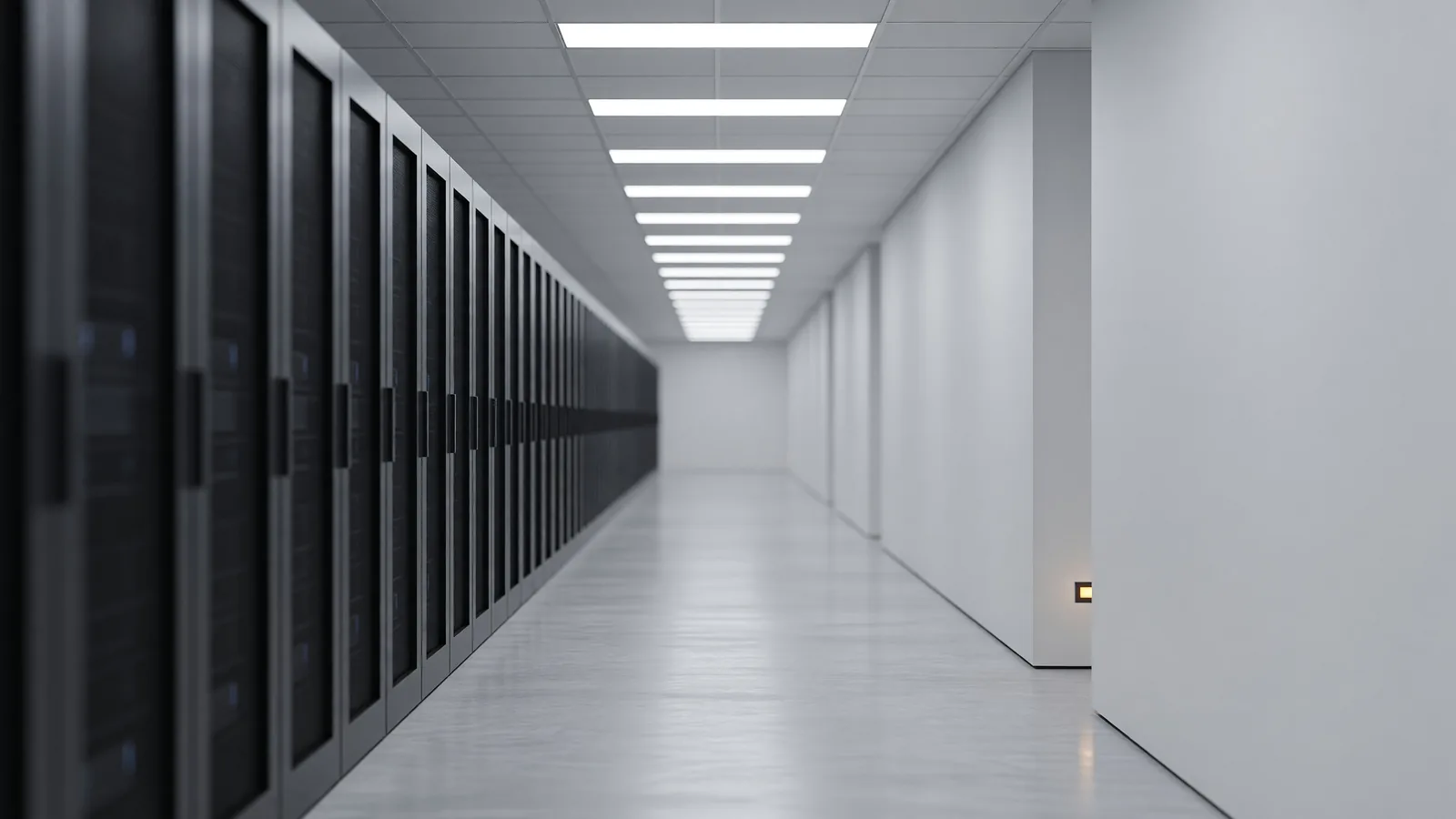A datacenter corridor with a row of server cabinets, the hosted infrastructure behind the Cohere Model Vault confidential-computing story leading today's brief. Illustration: DeAI