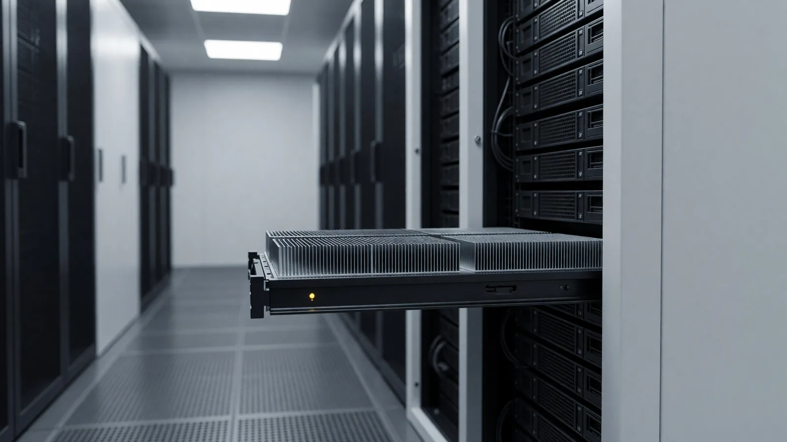 A GPU server tray slid halfway out of a rack in a colocation aisle, the hardware that EU AI Act enforcement now requires providers to document and mark output for. Illustration: DeAI