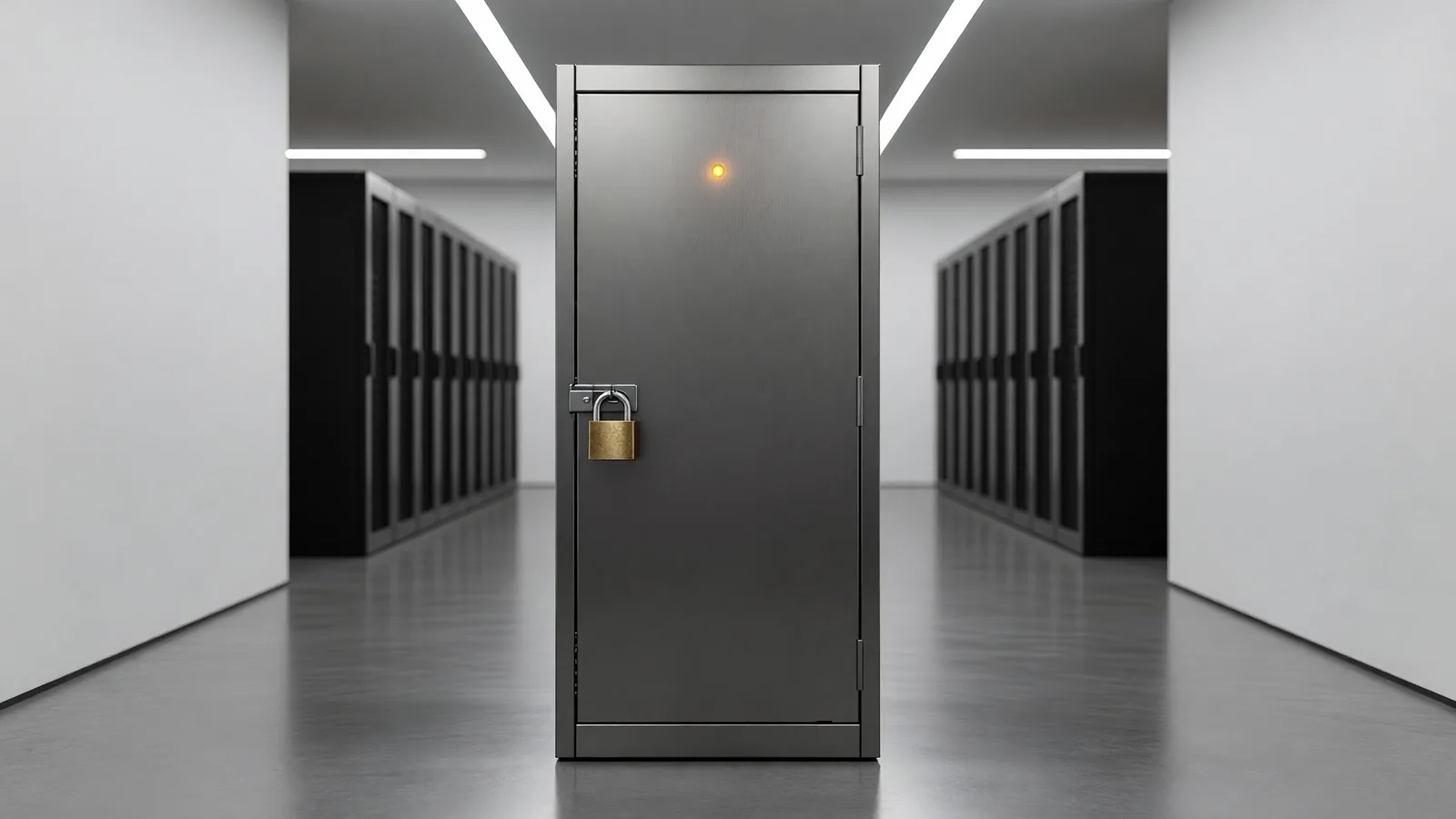 A locked steel server cabinet with a brass padlock standing in a datacenter corridor, for the actively exploited LiteLLM gateway flaw leading today's brief. Illustration: DeAI