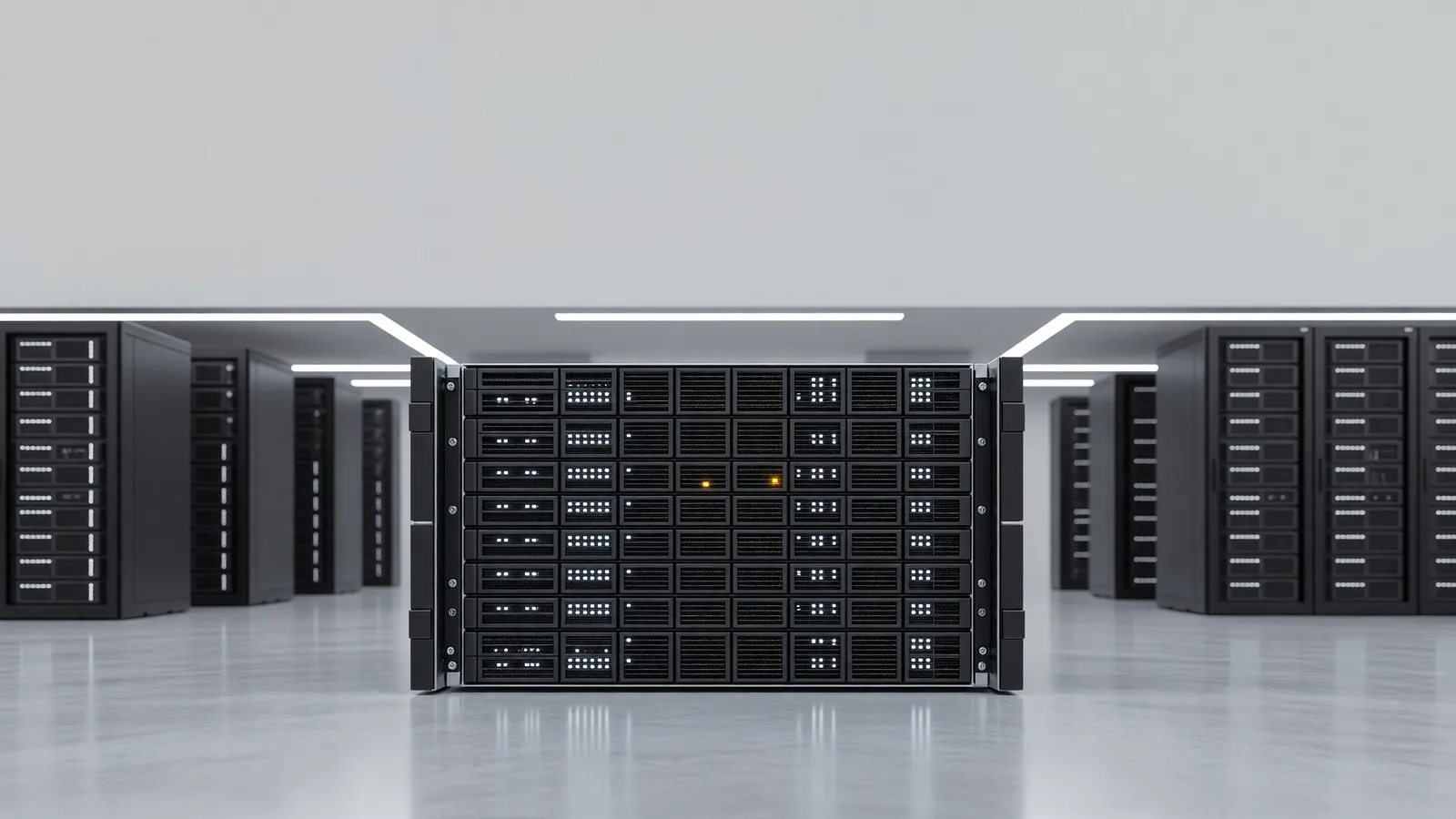 A fully populated GPU compute server chassis with cool white status lights and one amber LED in a datacenter rack, for StepFun shipping the Step 5 Preview API with open weights promised October 15. Illustration: DeAI