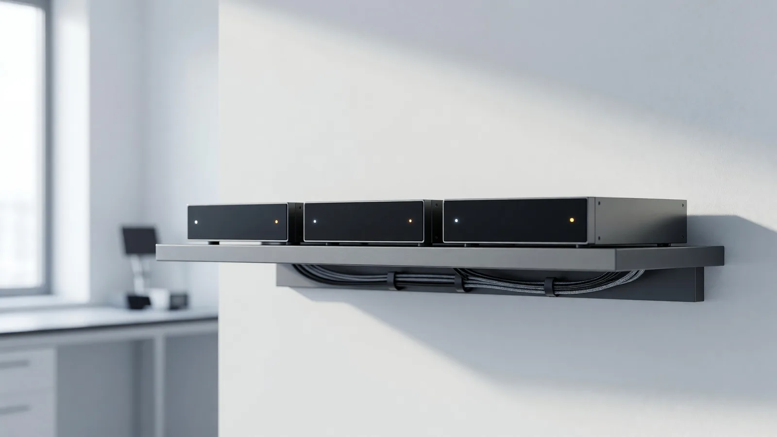 A short shelf of three compact inference servers in a bright research lab with cool white and amber status lights, for Xiaomi open-sourcing the MiMo-V2.6 series under MIT on September 22. Illustration: DeAI