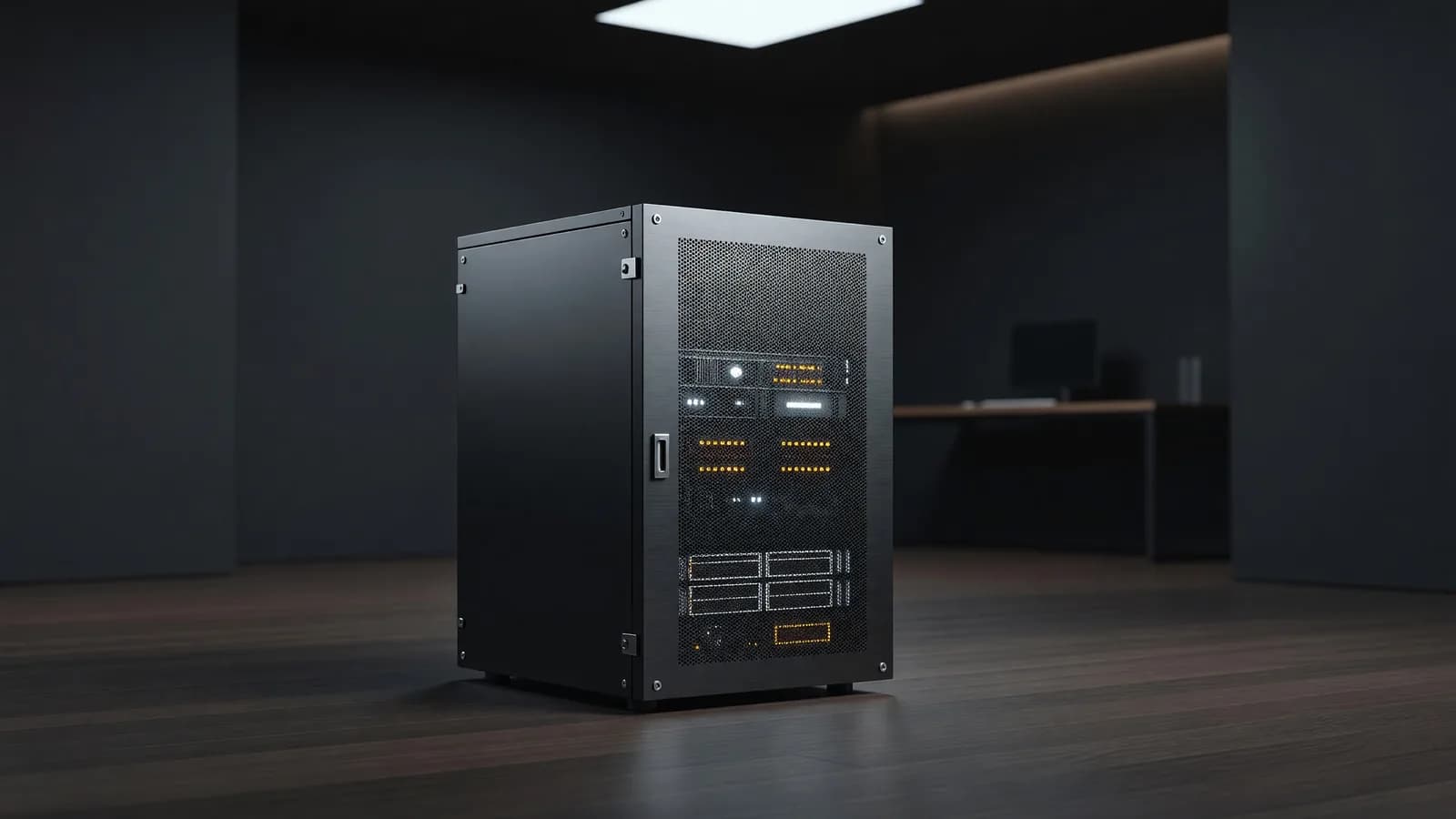 A single home-lab server cabinet with its mesh door unlatched and amber node lights glowing in a dim room, depicting the 36,769 reachable self-hosted AI endpoints from the census that leads today's brief. Illustration: DeAI