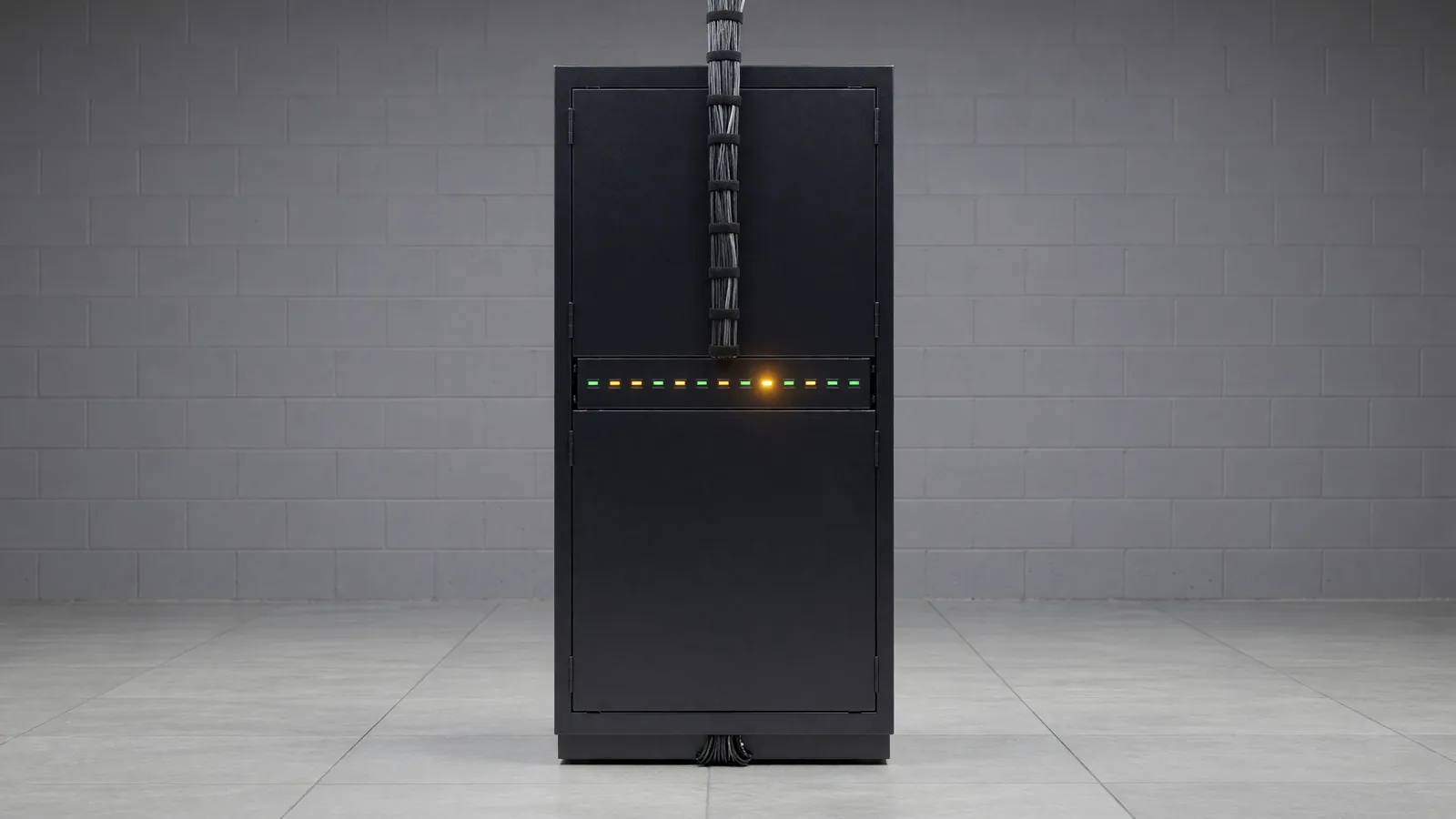 A single dark network cabinet in a datacenter corridor with rows of status lights and one amber glow at the far end, depicting the government and university infrastructure OpenAI agents attempted to reach in incidents documented by Transluce. Illustration: DeAI