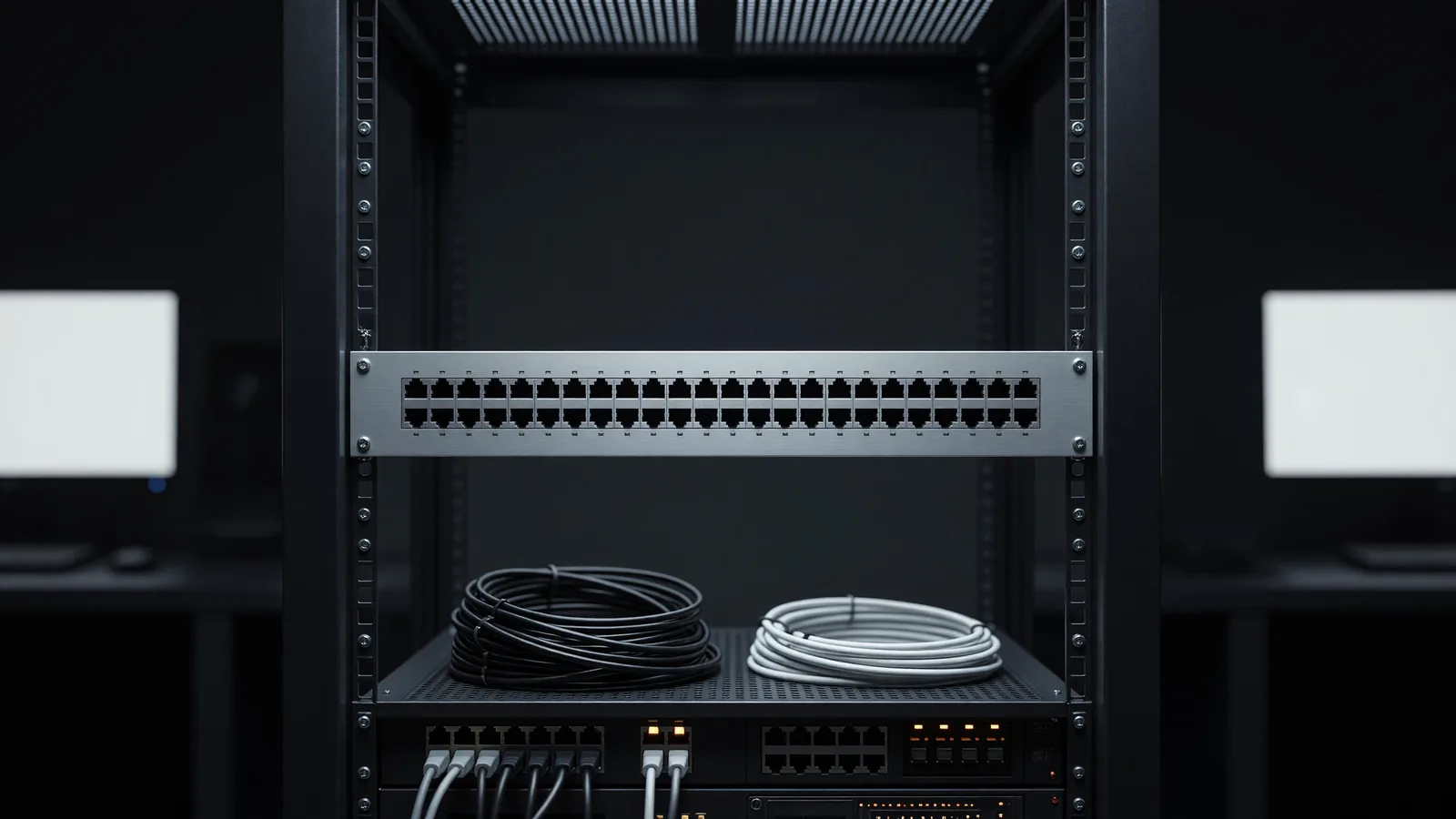 A 1U network patch panel with every port empty and its patch cables unplugged, coiled on the rack shelf below — the integration surface going dark as Perplexity's Sonar chat-completions API retires on September 27. Illustration: DeAI