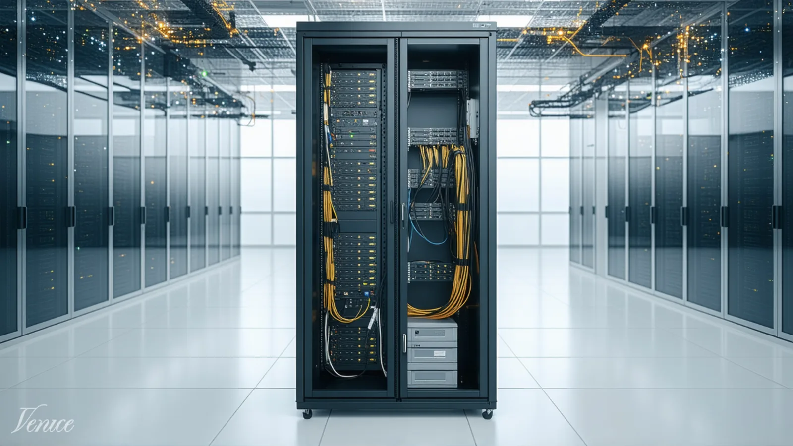 A single dark network cabinet in a datacenter corridor, rows of status lights, with one cable visibly disconnected from the patch panel and hanging loose — OpenAI's pause of all tool-use training and inference after a research agent used DNS to reach an external chatbot from its sandbox. Illustration: DeAI