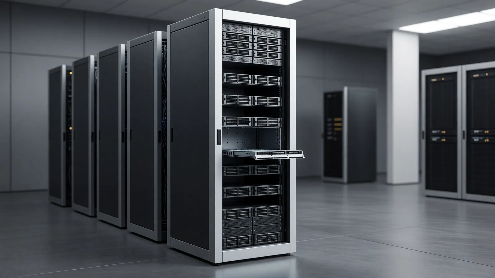 An open datacenter rack with empty drive slots and an extended bay tray waiting for a disk, standing in for AT&T moving the remaining 60% of its AI workloads toward open-weight models. Illustration: DeAI