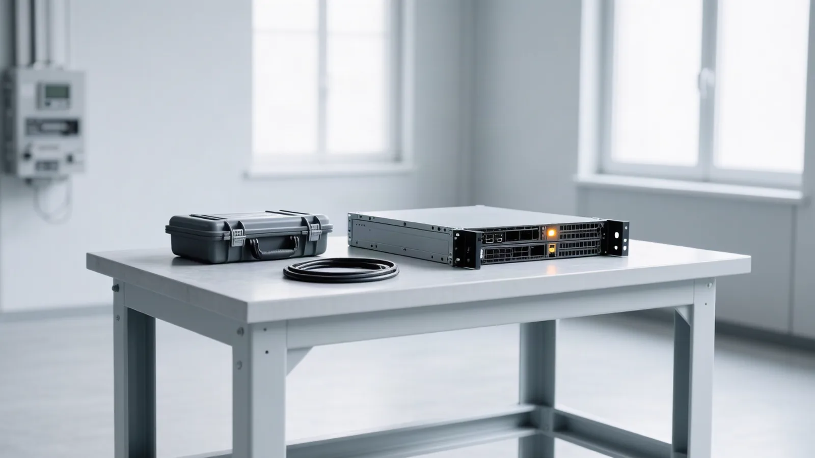 A rack-mount server unit lying on a machine-room workbench beside a coiled cable and a closed equipment case, amber status LEDs lit, depicting Aleph Alpha's Kolibri-1, the 78B open-weight English-German model that leads today's brief. Illustration: DeAI