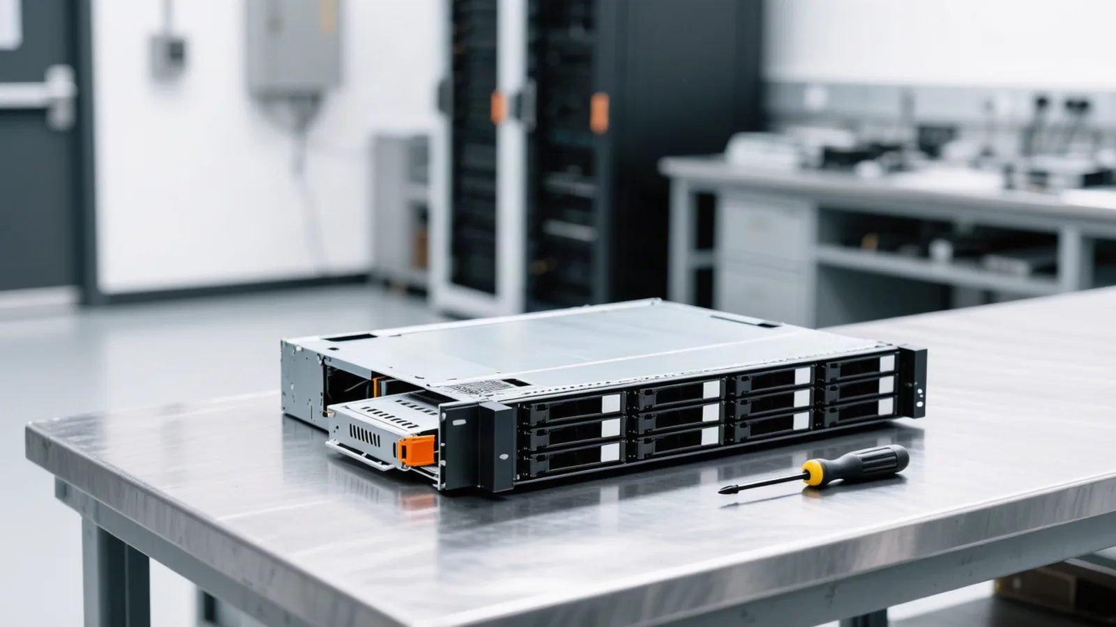 An unlit rack server chassis with its side panel removed lies on a steel workbench in a datacenter staging room, for a daily brief led by the mid-October wave in which Google, OpenAI, Azure, and Snowflake retire hosted model endpoints within days of each other. Illustration: DeAI