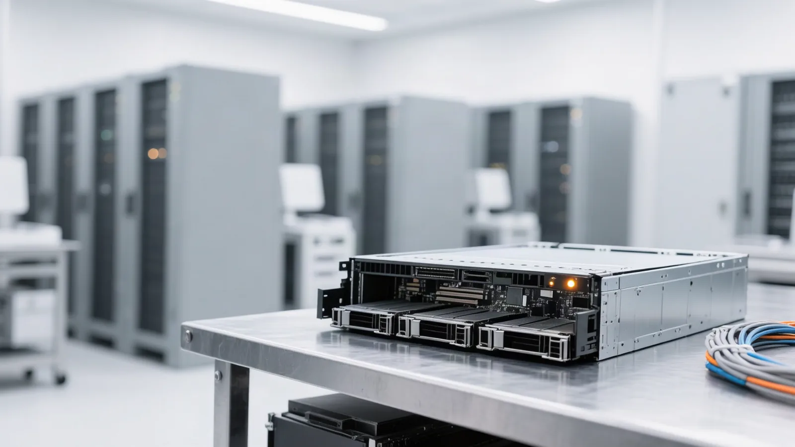 An unpopulated GPU server chassis with its side panel removed sits on a steel workbench in a datacenter staging room, for a daily brief led by Reflection AI's launch of Beam, a 501B-parameter open-weight model whose downloadable weights are promised later in October. Illustration: DeAI