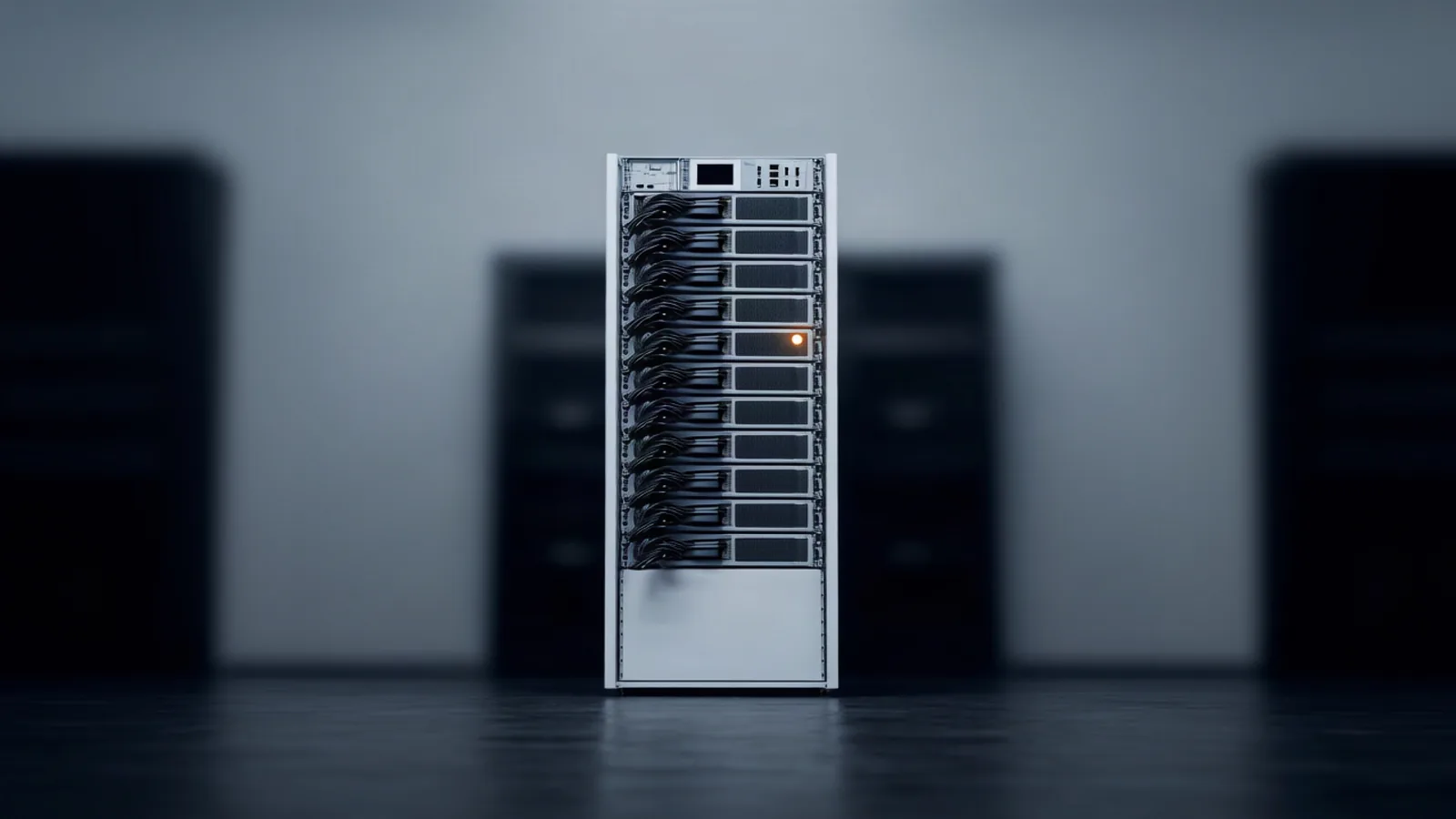 A single server rack in a cool, dim European data hall with one amber status light against dark metal panels — the hardware behind the day's trillion-parameter preview launch. Illustration: DeAI