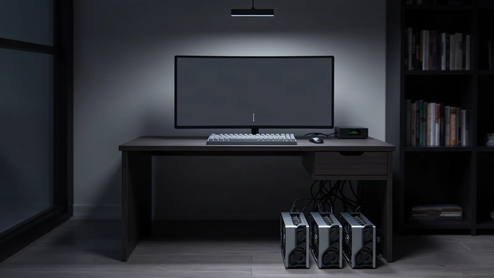A dark developer workstation with a wide monitor, mechanical keyboard, and three GPU towers glowing under a pendant light — the open-source rig behind Nous Research's $90 million enterprise push, the day's lead story. Illustration: DeAI