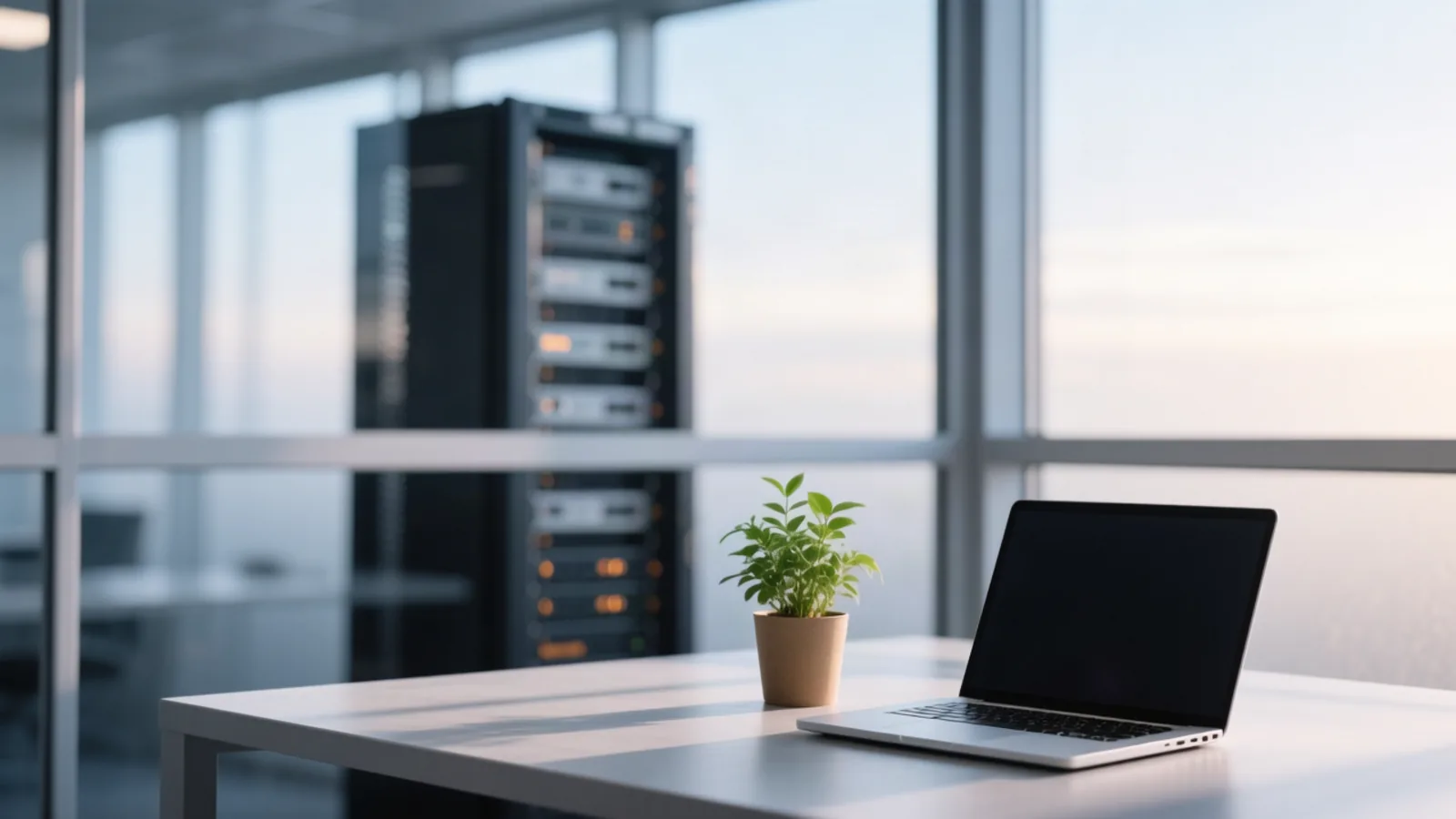 An office desk with a laptop and a potted plant in soft morning window light, a blurred server rack glowing beyond the glass, standing in for Ecosia's Berlin search team switching to EU-hosted open-weight models, the day's lead story. Illustration: DeAI