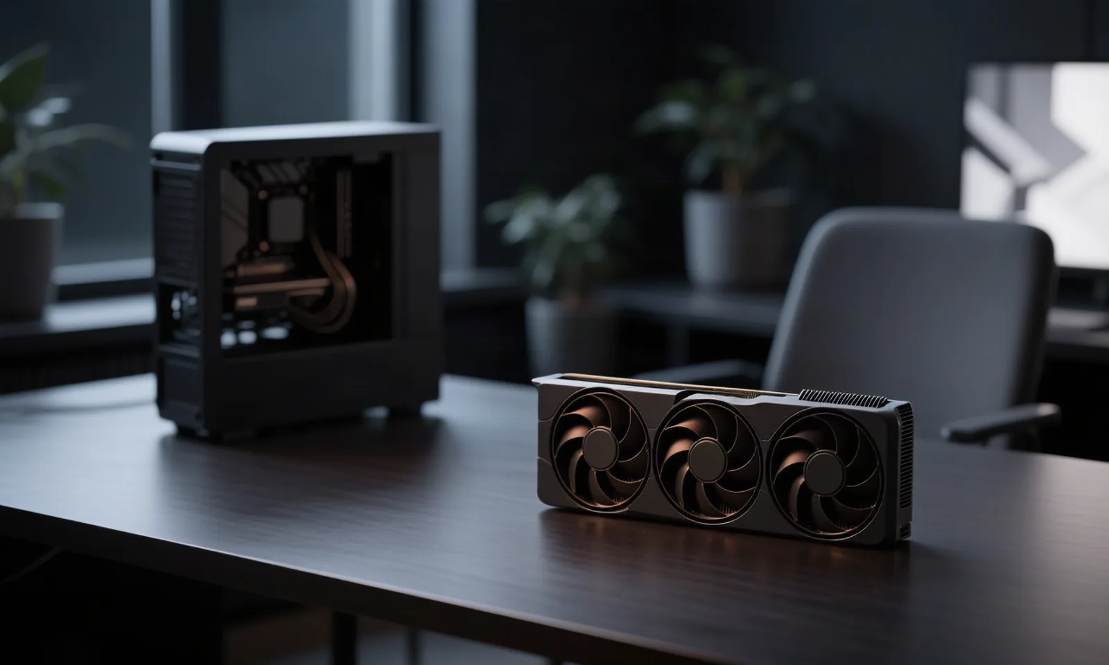 A graphics card glowing faint amber beside an open PC case in a dim home office at night, standing in for Qwen-Image-2.1-Turbo's 7B open weights finishing generation in 8 denoising steps instead of 40, the day's lead story. Illustration: DeAI