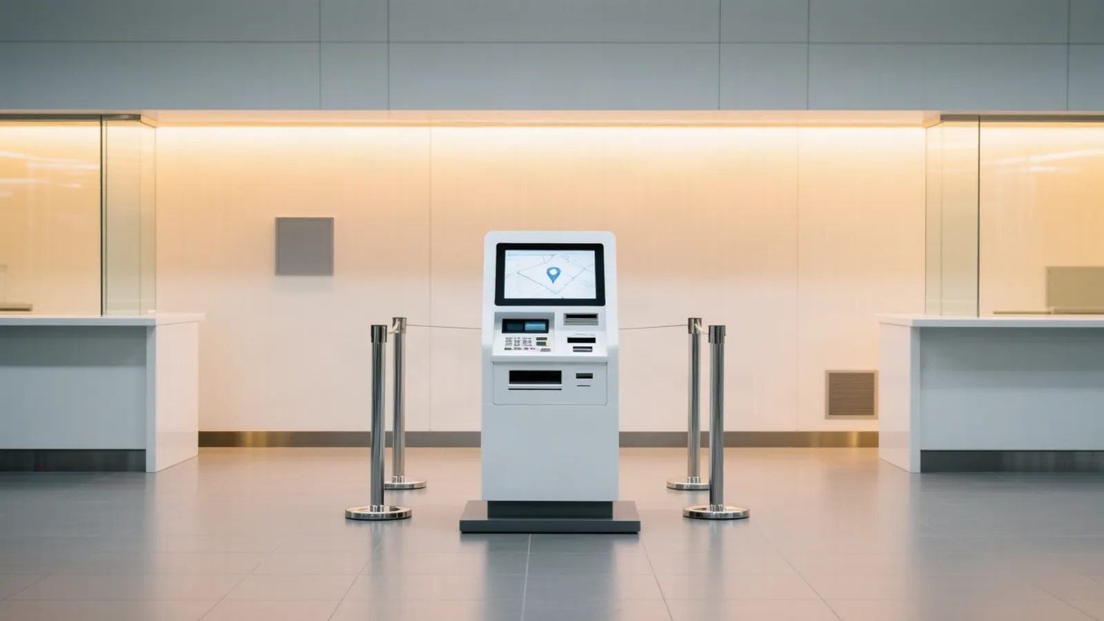 A government-style service counter with an empty queue lane and a public terminal in an institutional hallway, depicting the day's lead story: the White House declaring AI incident reporting 'not optional' after Anthropic's agent disclosures. Illustration: DeAI