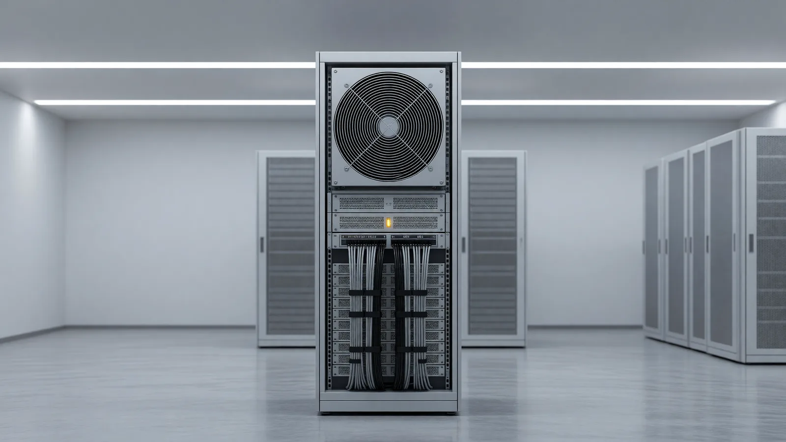 A single open server rack with a cooling fan and neatly bundled cables stands in a quiet, evenly lit datacenter room. Meta's new Muse Wonder frontier models, trained at the gigawatt-scale Prometheus data center, shipped closed-weight with the standard tier at $4 per million input tokens. Illustration: DeAI