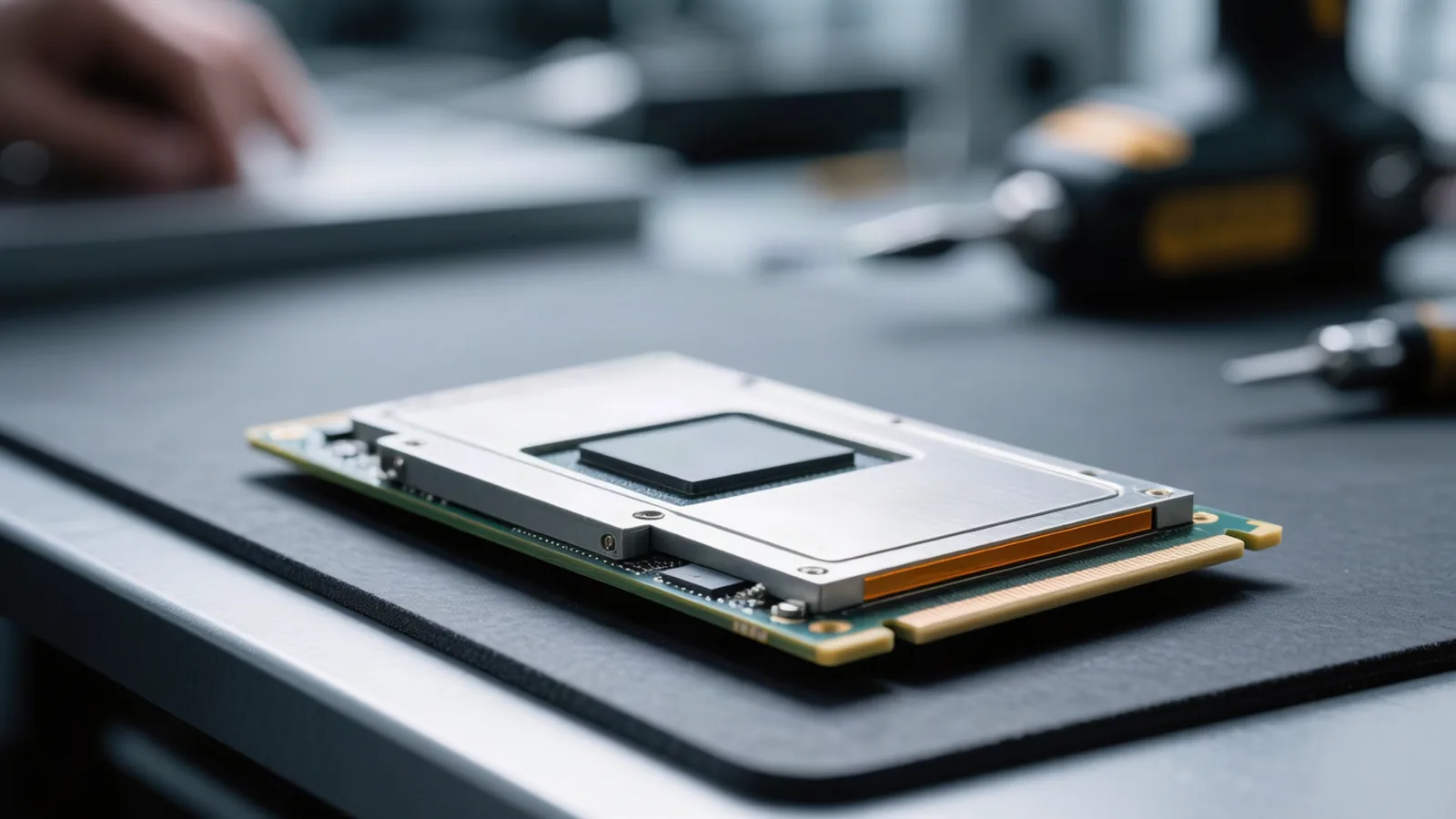 A bare GPU accelerator module on a dark antistatic mat on a laboratory workbench. Today's brief leads with DeepSeek's reported $15 billion funding round and what it buys in compute and open-weights capacity. Illustration: DeAI