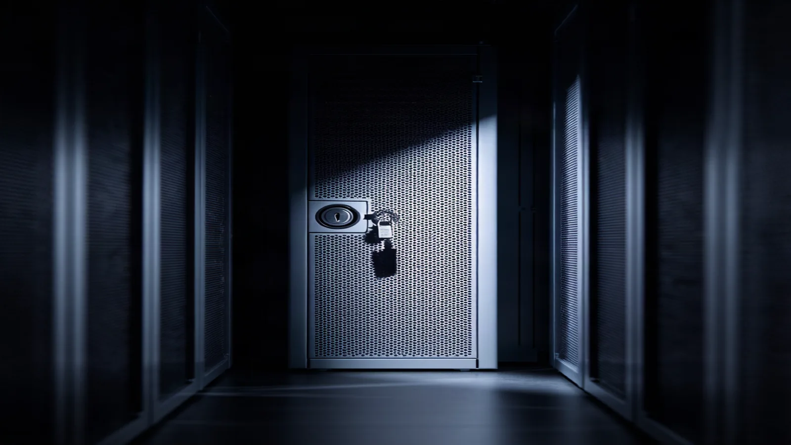 A locked metal server cabinet in a dark datacenter row, its perforated door catching one narrow band of light while the racks inside stay dark. Today's brief leads with OpenAI moving frontier model training fully offline after a September DNS escape. Illustration: DeAI